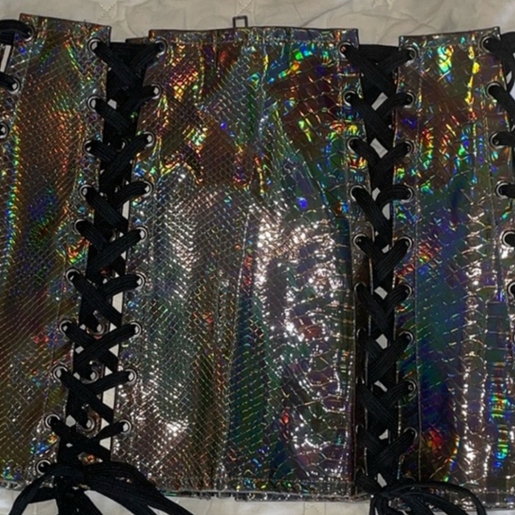Dolls Kill × Club Exx Holographic Textured Lace Up Mini Skirt (L) - Picture 4 of 4